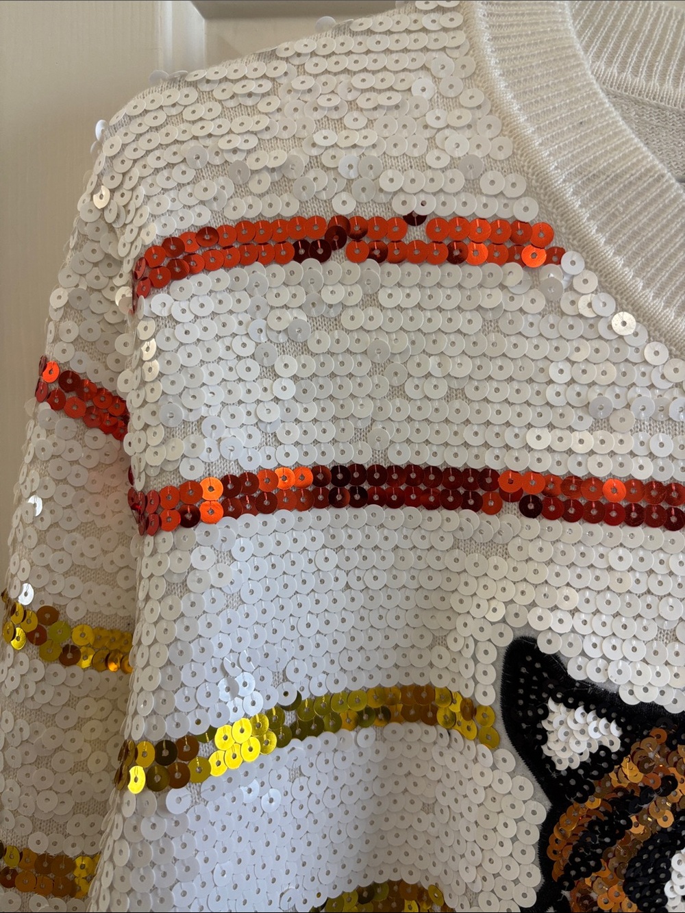 Queen of Sparkles Sequin Tiger Stripe Sweater in White with Rainbow Stripes - Picture 3 of 12